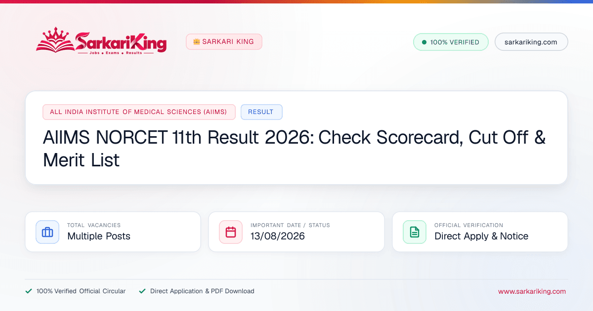 AIIMS NORCET 11th Result 2026: Check Scorecard, Cut Off & Merit List - Sarkari King Official Notification
