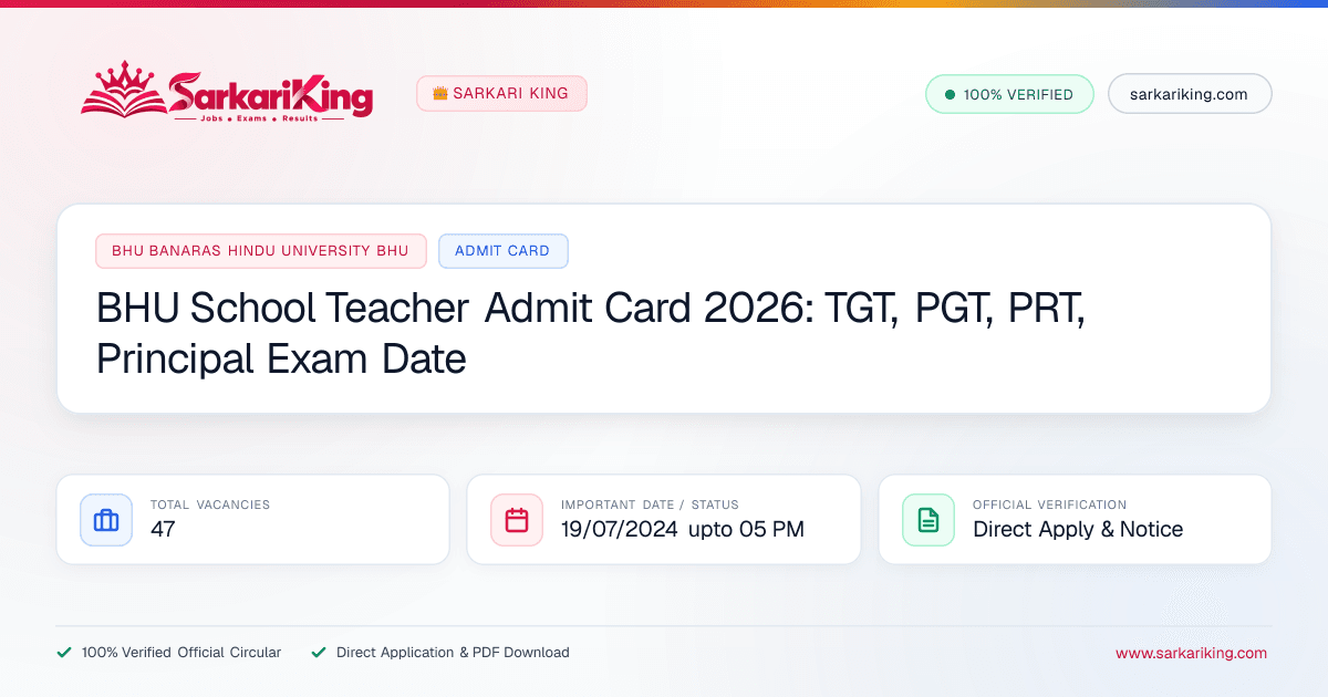 BHU School Teacher Admit Card 2026: TGT, PGT, PRT, Principal Exam Date - Sarkari King Official Notification