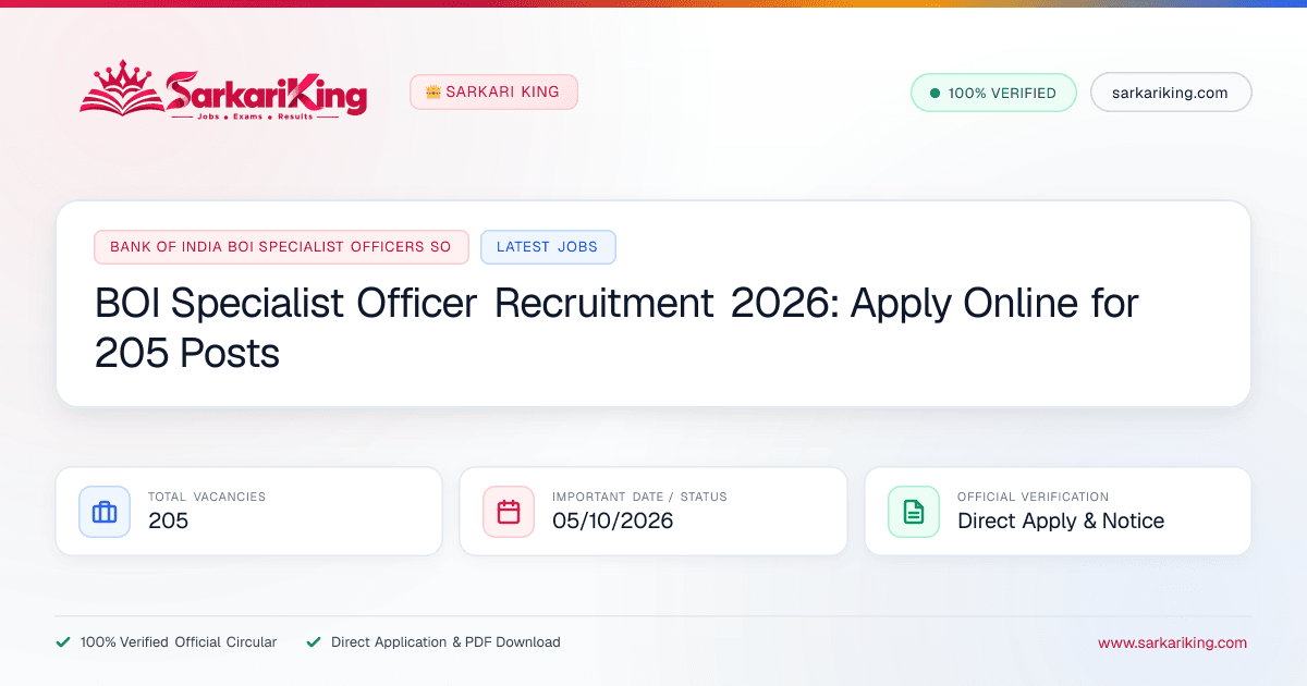 BOI Specialist Officer Recruitment 2026: Apply Online for 205 Posts - Sarkari King Official Notification