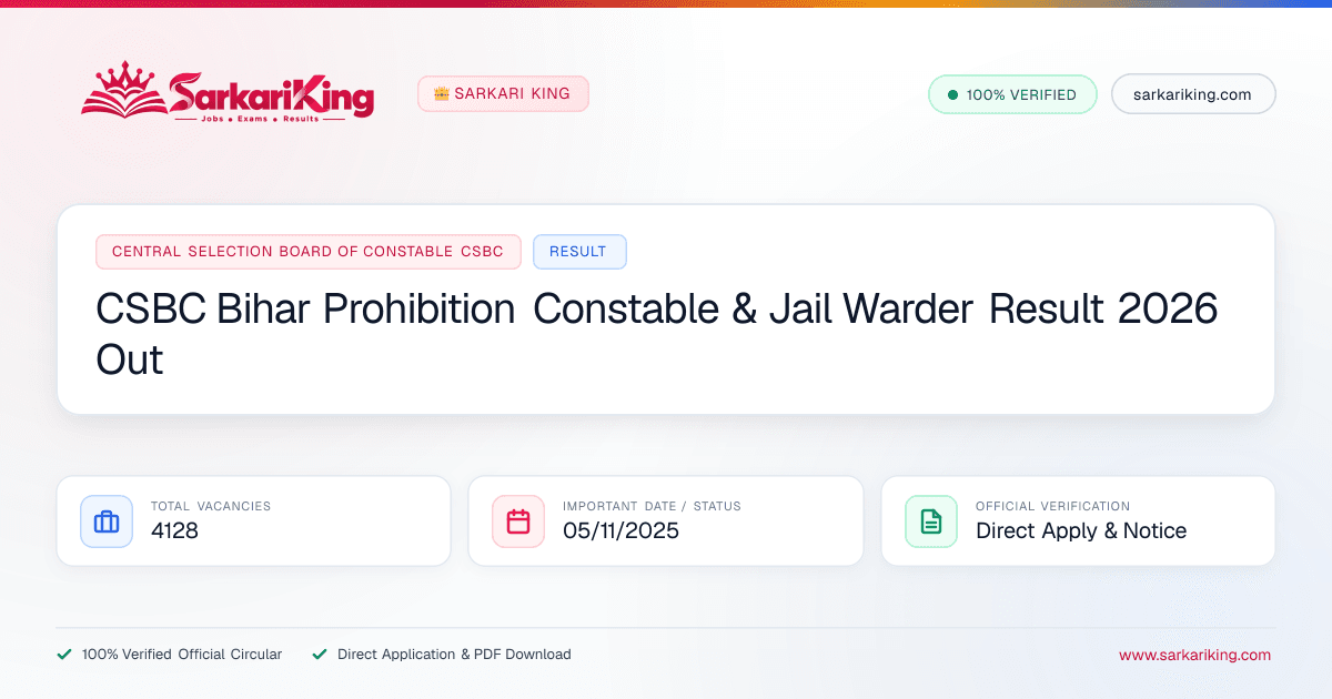 CSBC Bihar Prohibition Constable & Jail Warder Result 2026 Out - Sarkari King Official Notification