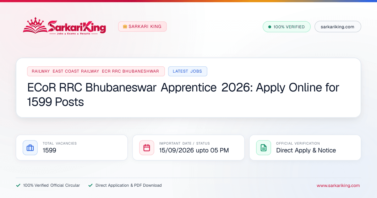 ECoR RRC Bhubaneswar Apprentice 2026: Apply Online for 1599 Posts - Sarkari King Official Notification