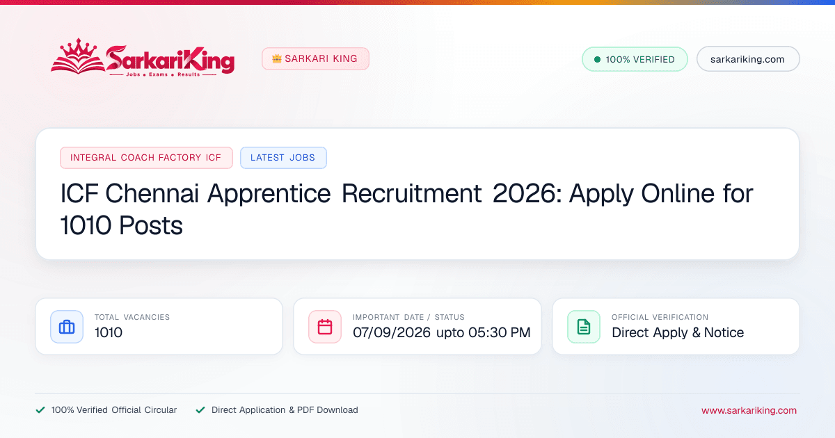 ICF Chennai Apprentice Recruitment 2026: Apply Online for 1010 Posts - Sarkari King Official Notification
