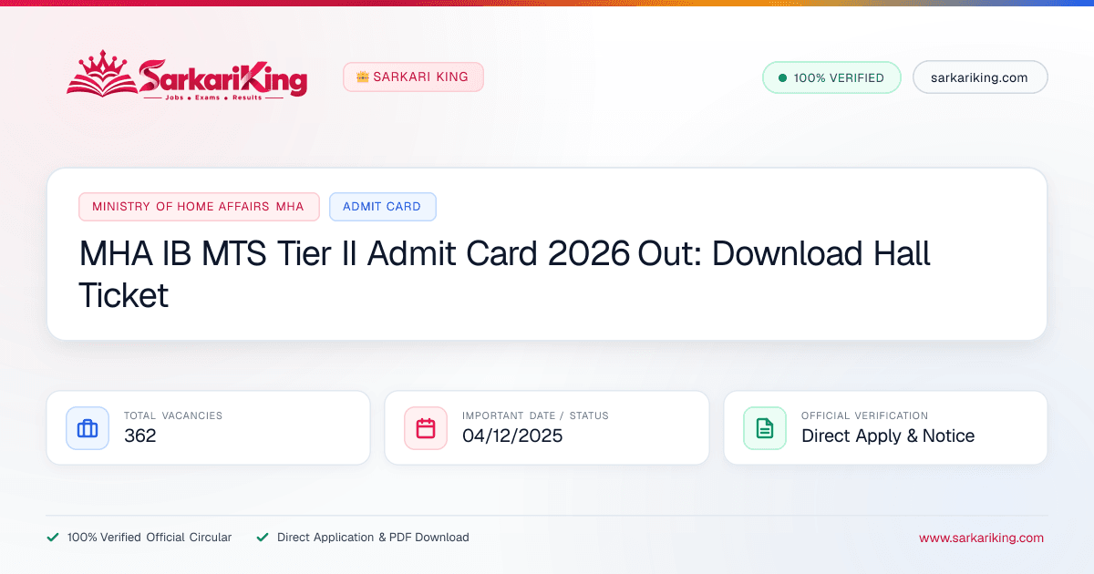 MHA IB MTS Tier II Admit Card 2026 Out: Download Hall Ticket - Sarkari King Official Notification