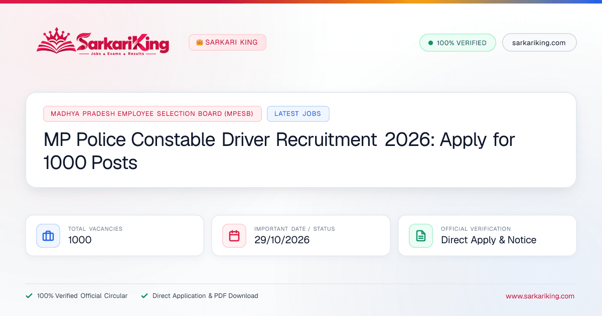 MP Police Constable Driver Recruitment 2026: Apply for 1000 Posts - Sarkari King Official Notification