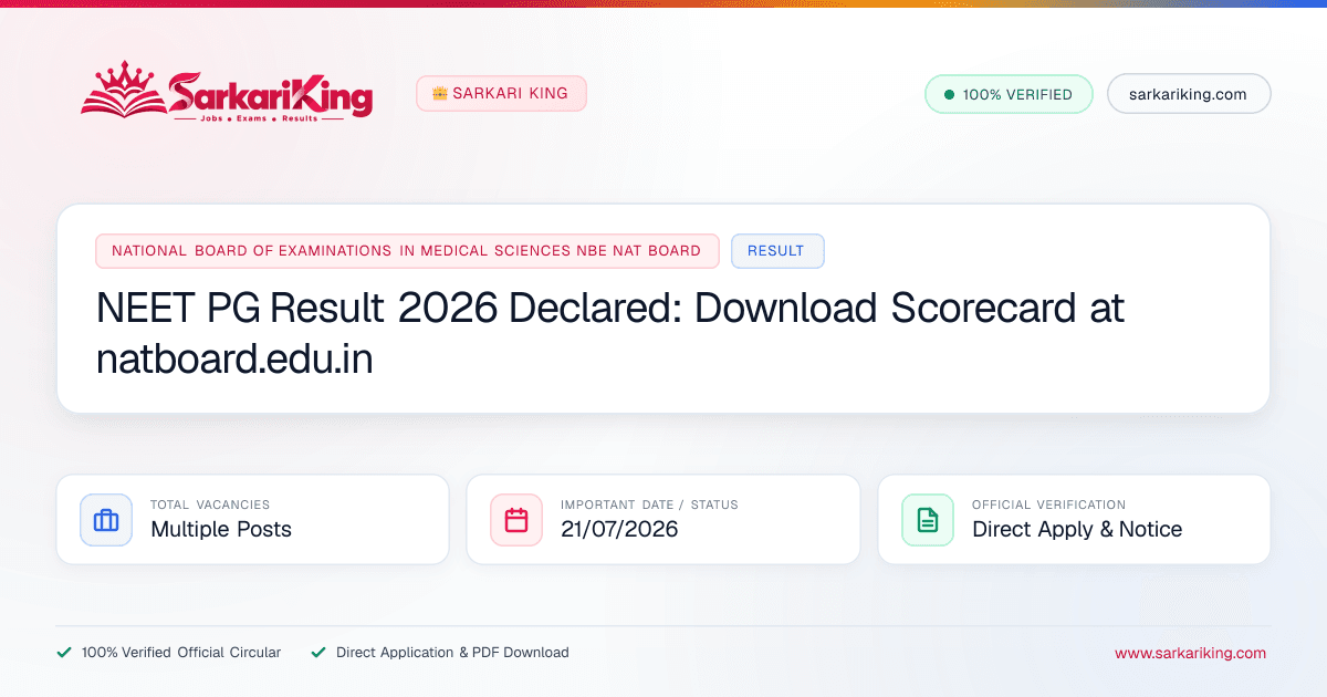 NEET PG Result 2026 Declared: Download Scorecard at natboard.edu.in - Sarkari King Official Notification