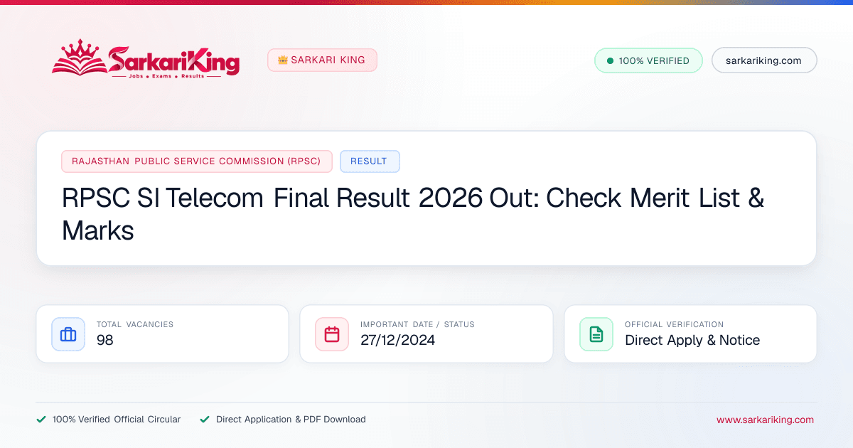RPSC SI Telecom Final Result 2026 Out: Check Merit List & Marks - Sarkari King Official Notification