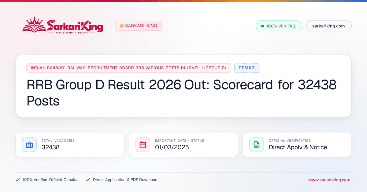 RRB Group D Result 2026 Out: Scorecard for 32438 Posts - Sarkari King Official Notification