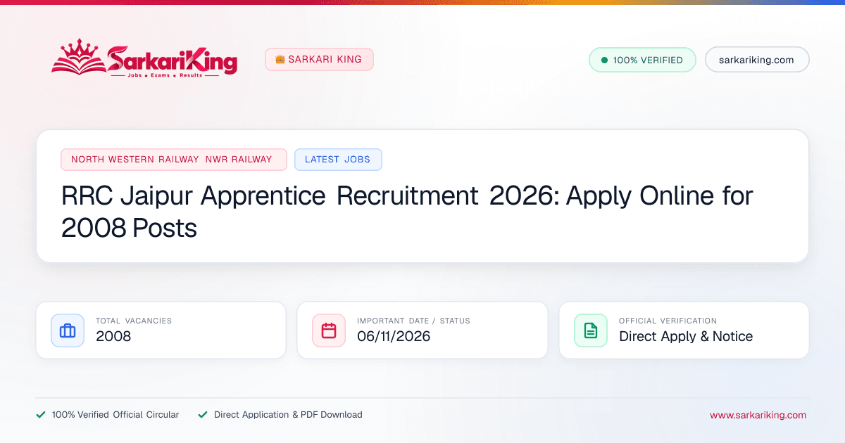 RRC Jaipur Apprentice Recruitment 2026: Apply Online for 2008 Posts - Sarkari King Official Notification