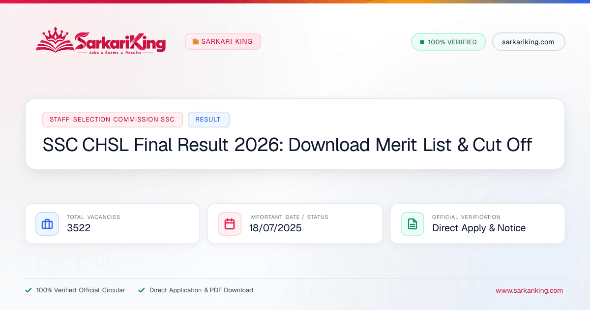 SSC CHSL Final Result 2026: Download Merit List & Cut Off - Sarkari King Official Notification