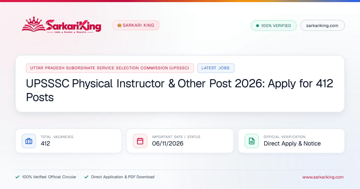 UPSSSC Physical Instructor & Other Post 2026: Apply for 412 Posts - Sarkari King Official Notification